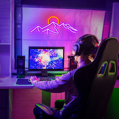 Neon LED Mountain and Sun Sign – Scenic Glow Wall Decor