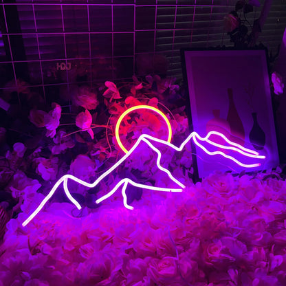 Neon LED Mountain and Sun Sign – Scenic Glow Wall Decor