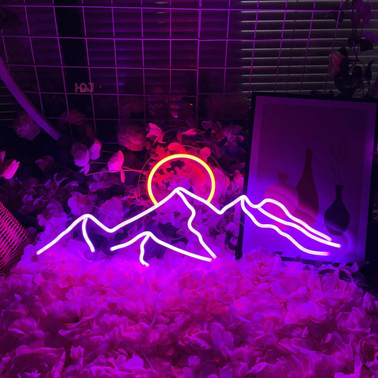Neon LED Mountain and Sun Sign – Scenic Glow Wall Decor