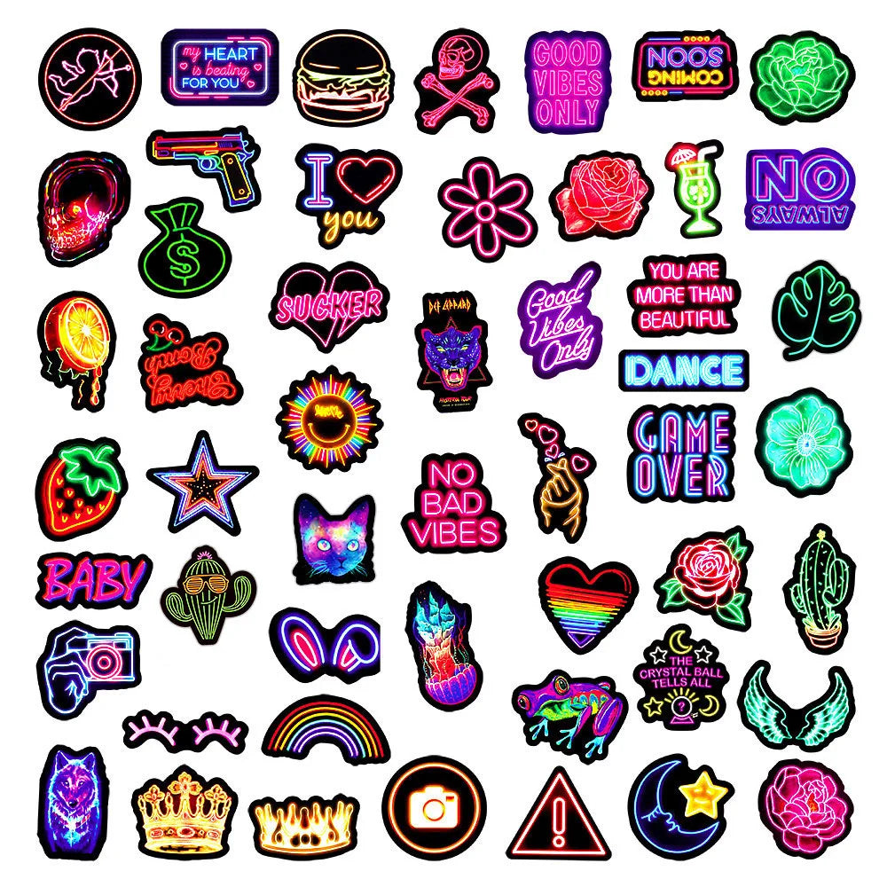 50/100pcs Graffiti Neon Light Stickers – Vinyl Decals for Laptops, Cars, Bikes & More!