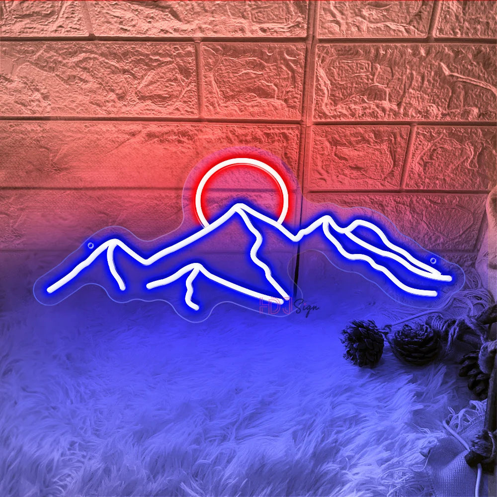 Neon LED Mountain and Sun Sign – Scenic Glow Wall Decor