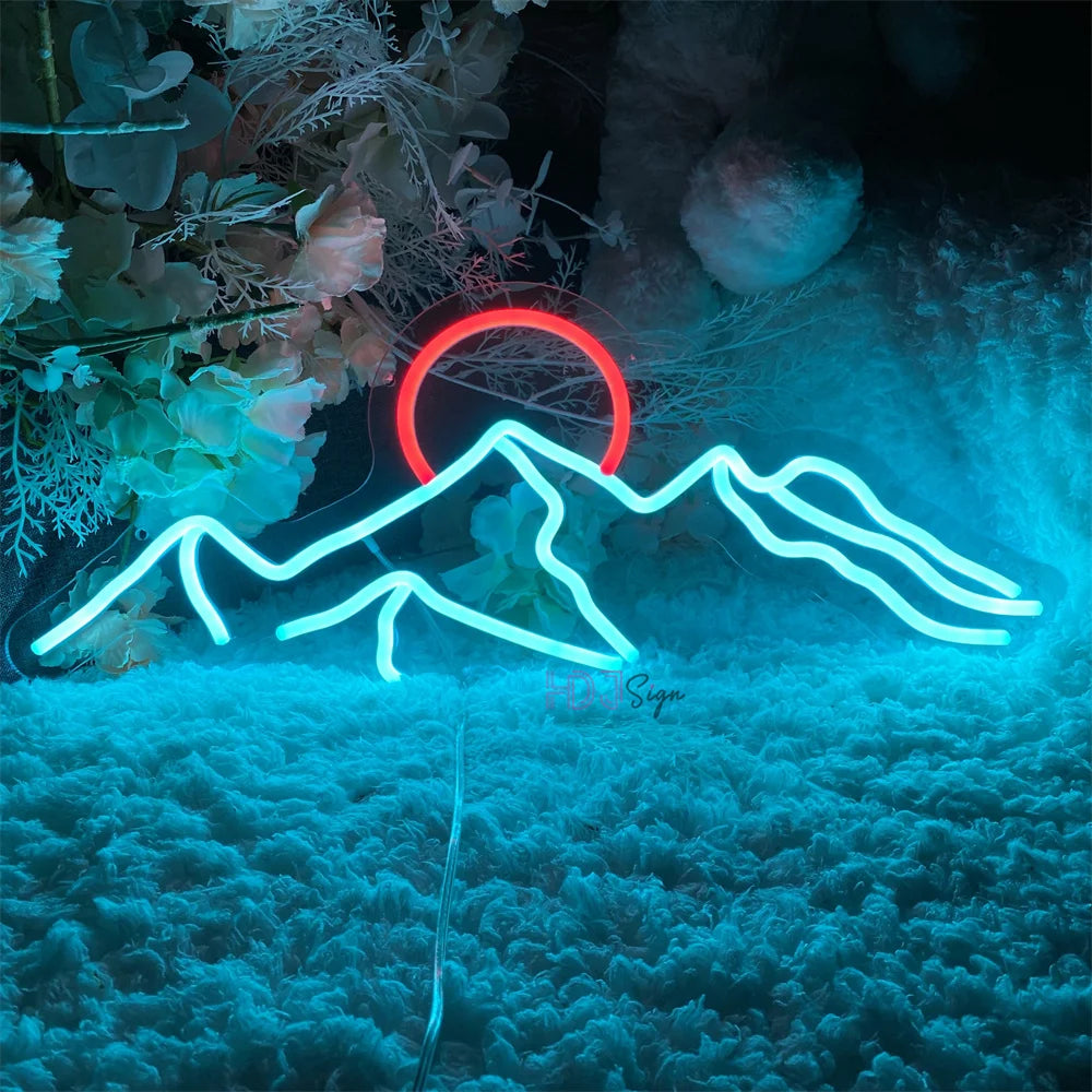 Neon LED Mountain and Sun Sign – Scenic Glow Wall Decor