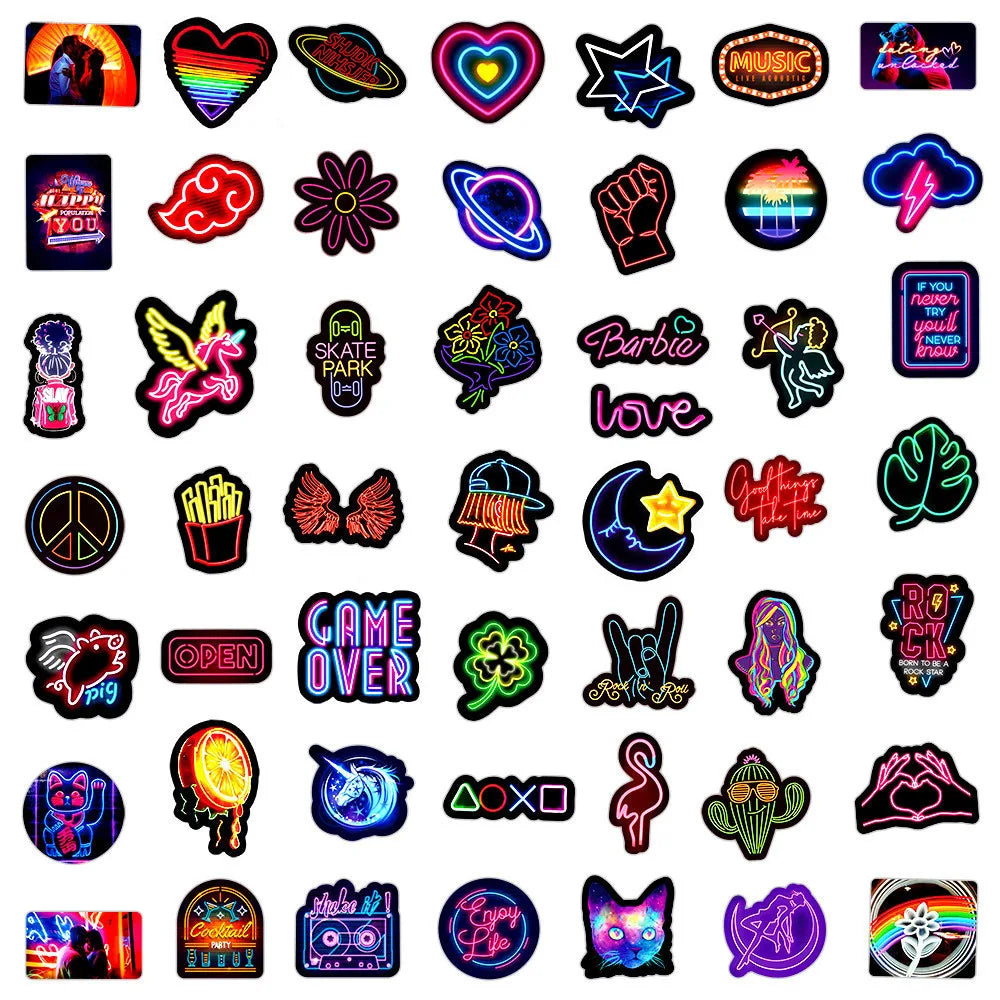 50/100pcs Graffiti Neon Light Stickers – Vinyl Decals for Laptops, Cars, Bikes & More!