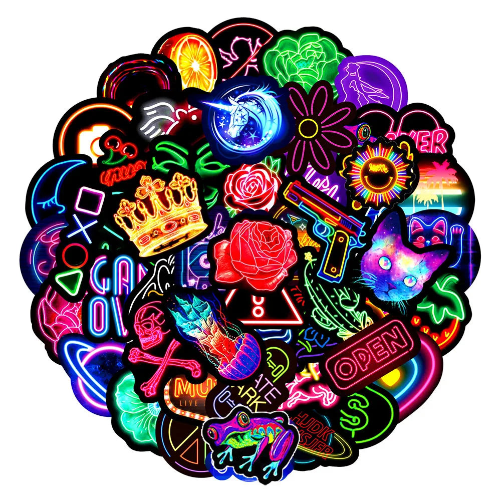 50/100pcs Graffiti Neon Light Stickers – Vinyl Decals for Laptops, Cars, Bikes & More!